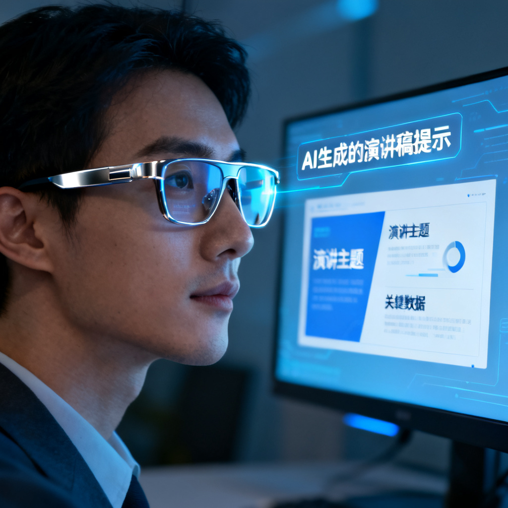 一张场景图，展示用户通过智能眼镜查看AI生成的演讲稿提示，同时PPT在屏幕上自动播放，风格科技感