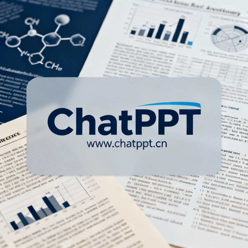 一张ChatPPT的logo和网址www.chatppt.cn，背景为学术论文元素，如分子式、数据图表、参考文献列表，整体风格简洁专业