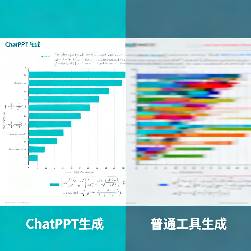 左右对比图,左侧为ChatPPT生成的学术图表(清晰数据条、坐标轴标注、公式嵌入),右侧为普通工具生成的图表(颜色杂乱、数据重叠),突出ChatPPT的专业性