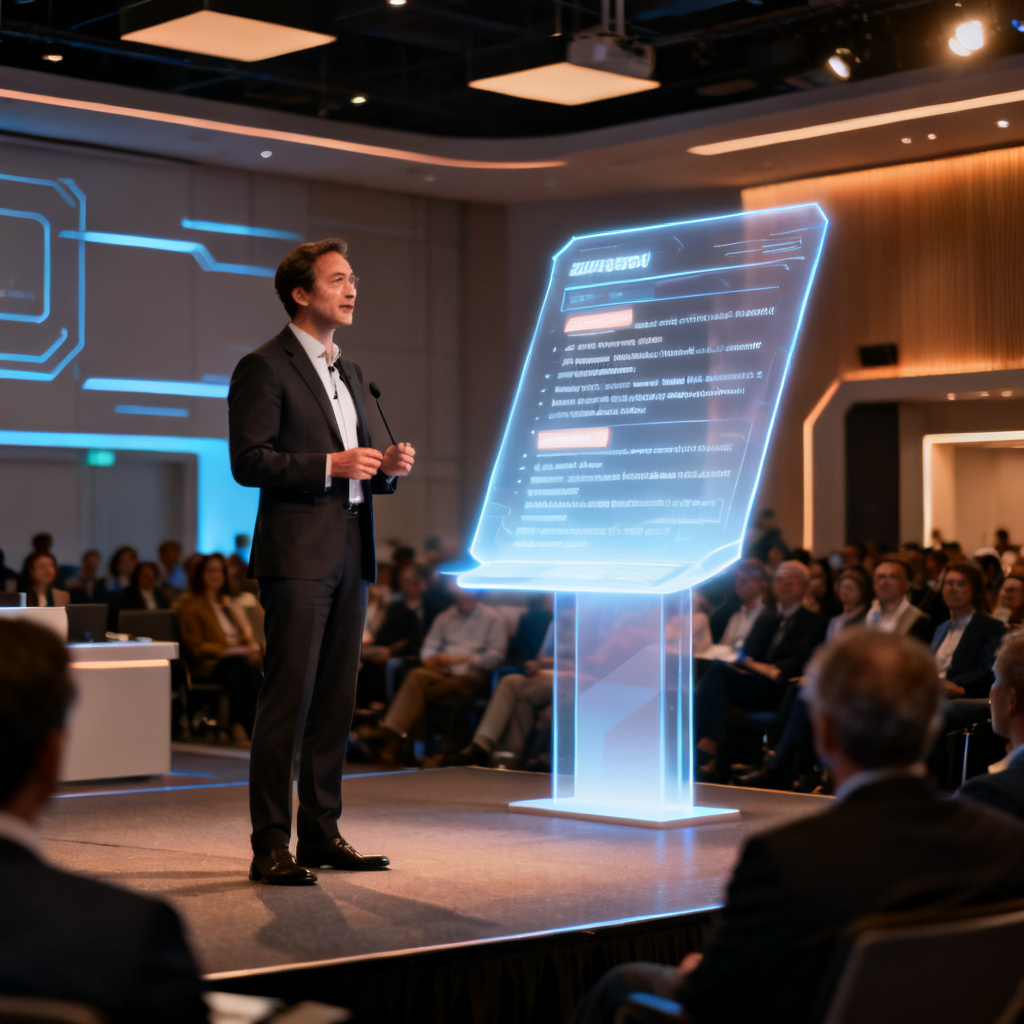 A professional presenter standing confidently on stage, with a glowing holographic teleprompter floating beside them, displaying structured speech notes. The background shows a high-tech conference room with an attentive audience. Style: cinematic, realistic, warm lighting, 4K.