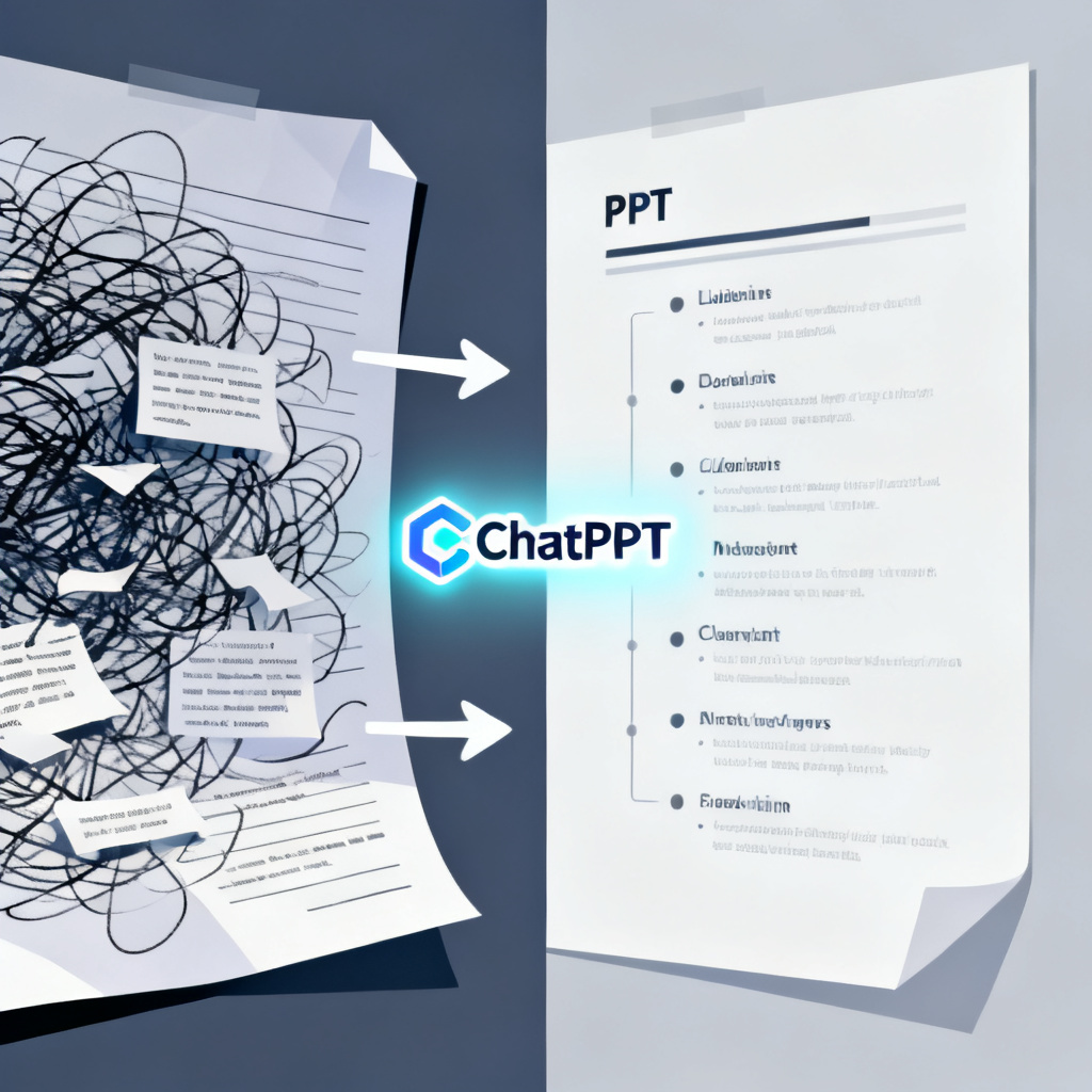 A split-screen illustration showing a messy, chaotic paper on the left with arrows pointing to a clean, structured PPT outline on the right, with a glowing 'ChatPPT' logo in the center, minimalist digital art