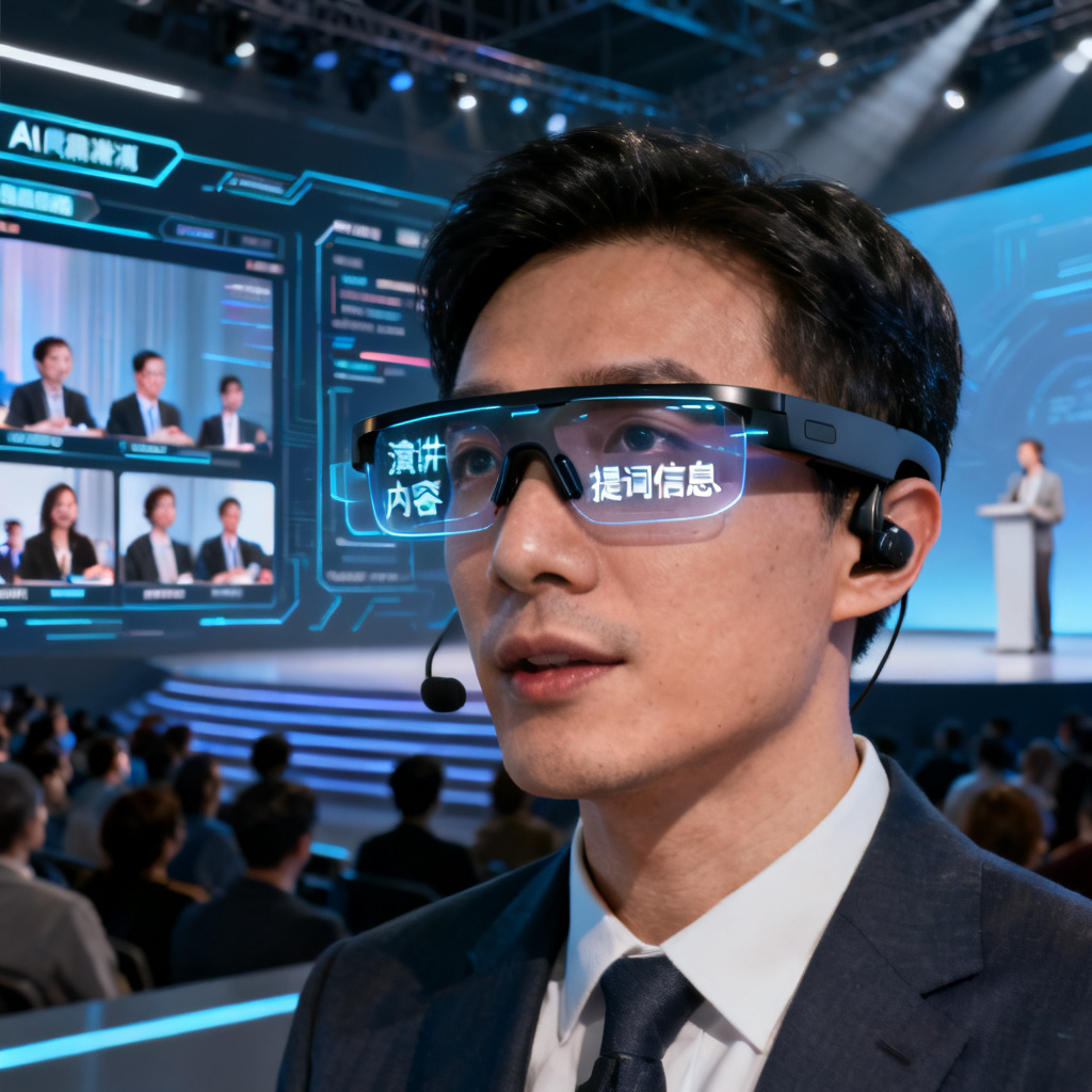 一位演讲者佩戴AI智能眼镜，镜片显示演讲内容与提词信息，背景是虚拟路演界面，观众在屏幕上实时观看，场景充满科技感。