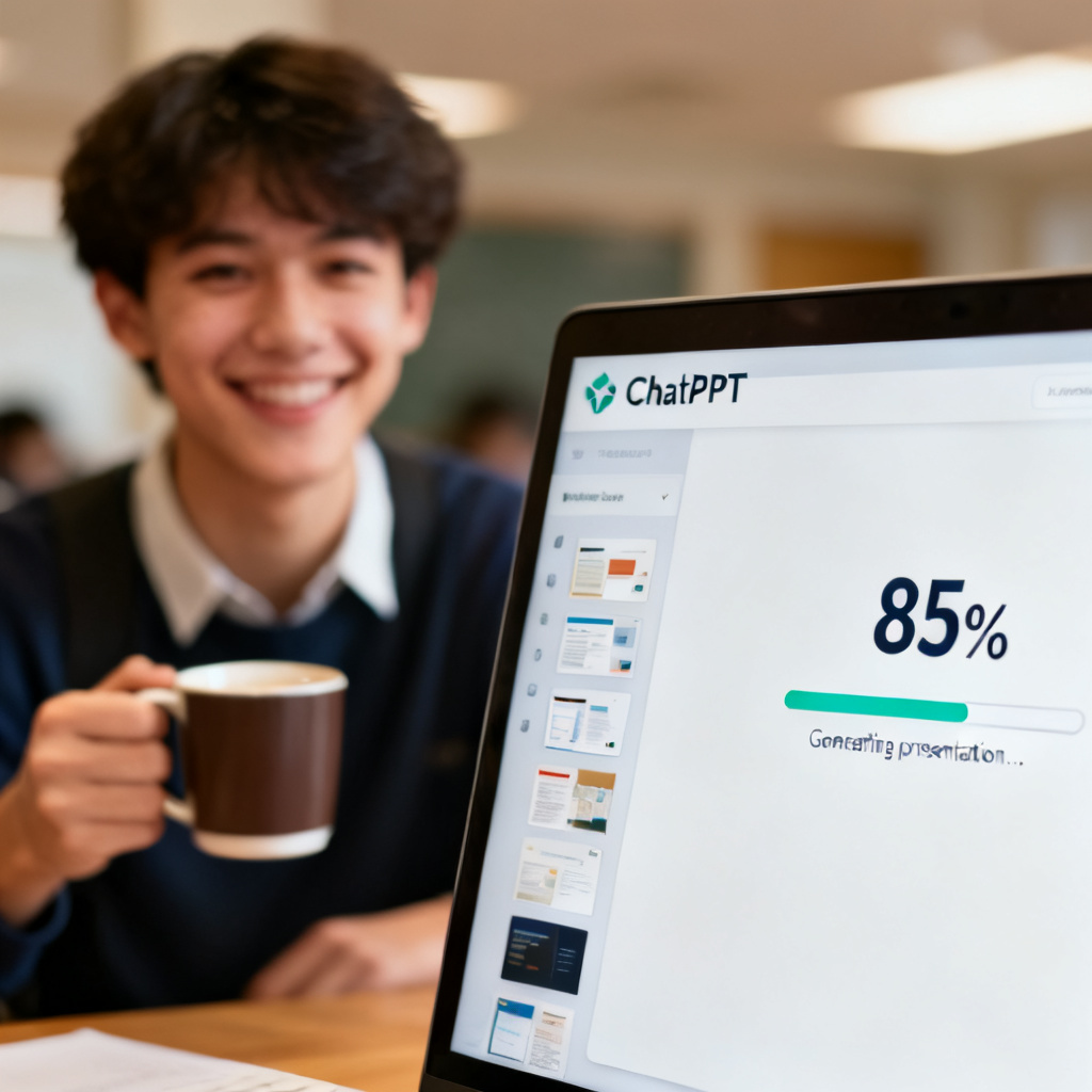 A close-up of a computer screen showing the ChatPPT interface with a progress bar indicating 'Generating presentation... 85%'. In the background, blurred, a student smiles while holding a coffee mug. The interface is clean, with a sidebar showing available templates.