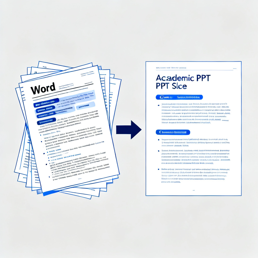 A side-by-side comparison of a messy Word document on the left and a clean, well-structured academic PPT slide on the right, with an arrow showing the transformation.