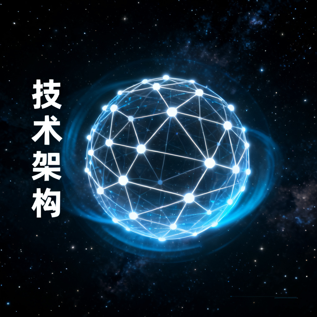 元宇宙路演PPT的“技术架构”页面，背景是深色星空，中间有一个3D全息投影的球形架构图，节点之间以发光线条连接，左侧有竖排文字说明，整体风格科技感十足，强调未来主义与沉浸感
