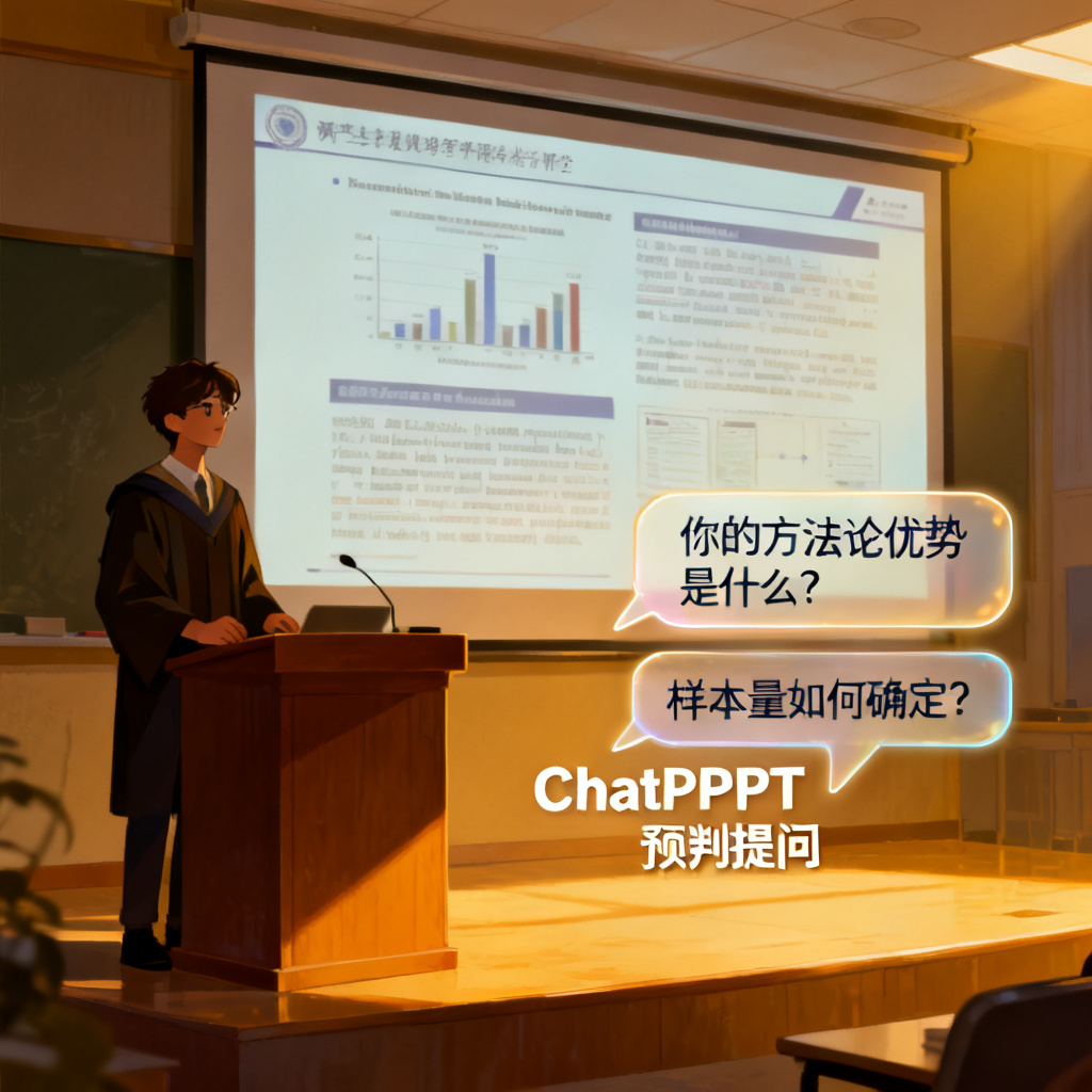 一位研究生站在答辩台上，投影幕布上显示精美的学术PPT，旁边漂浮着对话气泡，气泡内写着“你的方法论优势是什么？”和“样本量如何确定？”，气泡下方有“ChatPPT预判提问”的标注。