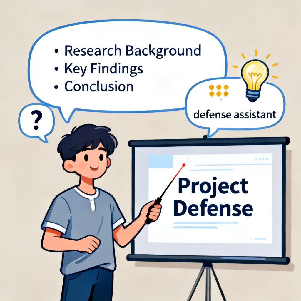 A confident student standing in front of a presentation screen, with a speech bubble showing bullet points and a smaller bubble with a question mark and a lightbulb, representing the 'defense assistant' feature.