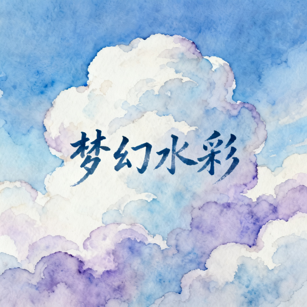 “梦幻水彩风,渐变蓝色天空,云朵像棉花糖,手写标题,艺术气息”