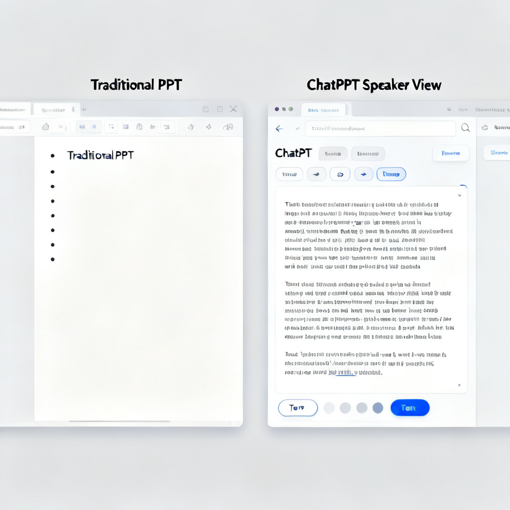 Side-by-side comparison: left side shows a traditional PPT with bullet points only, right side shows ChatPPT's speaker view with full script and tone options, clean infographic style