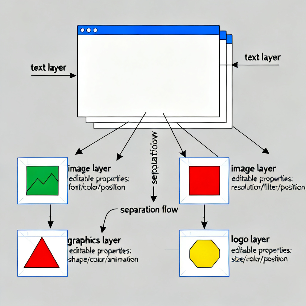 A technical illustration showing the atomic layer separation process: a complex slide design being disassembled into individual layers for text, images, graphics, and logo, each layer floating independently with editable properties highlighted, arrows indicating the separation flow.