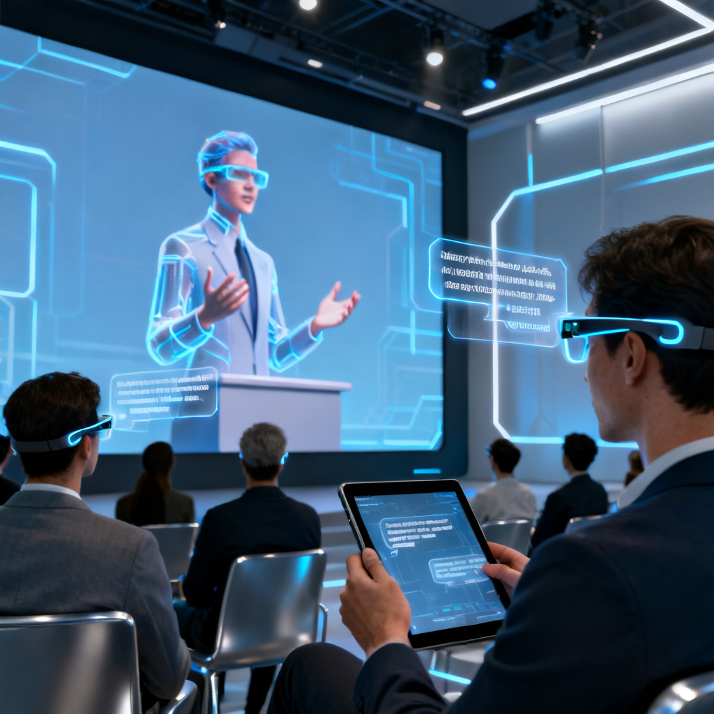 A futuristic presentation scene where a digital avatar on a large screen is delivering a speech with synchronized gestures, while the audience in the front row wears smart glasses that display speech notes transparently, and a remote viewer watches on a tablet.
