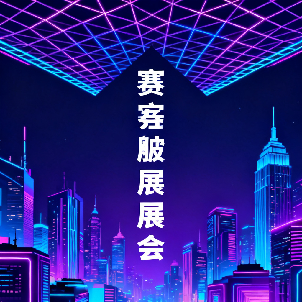 赛博朋克风格的城市夜景路演封面，霓虹蓝紫配色，高饱和度的未来主义建筑轮廓，几何线条在画面上方形成网格状装饰，中央留有标题文字的空间，整体视觉具有强烈的科技感与秩序感，垂直构图，精致细节