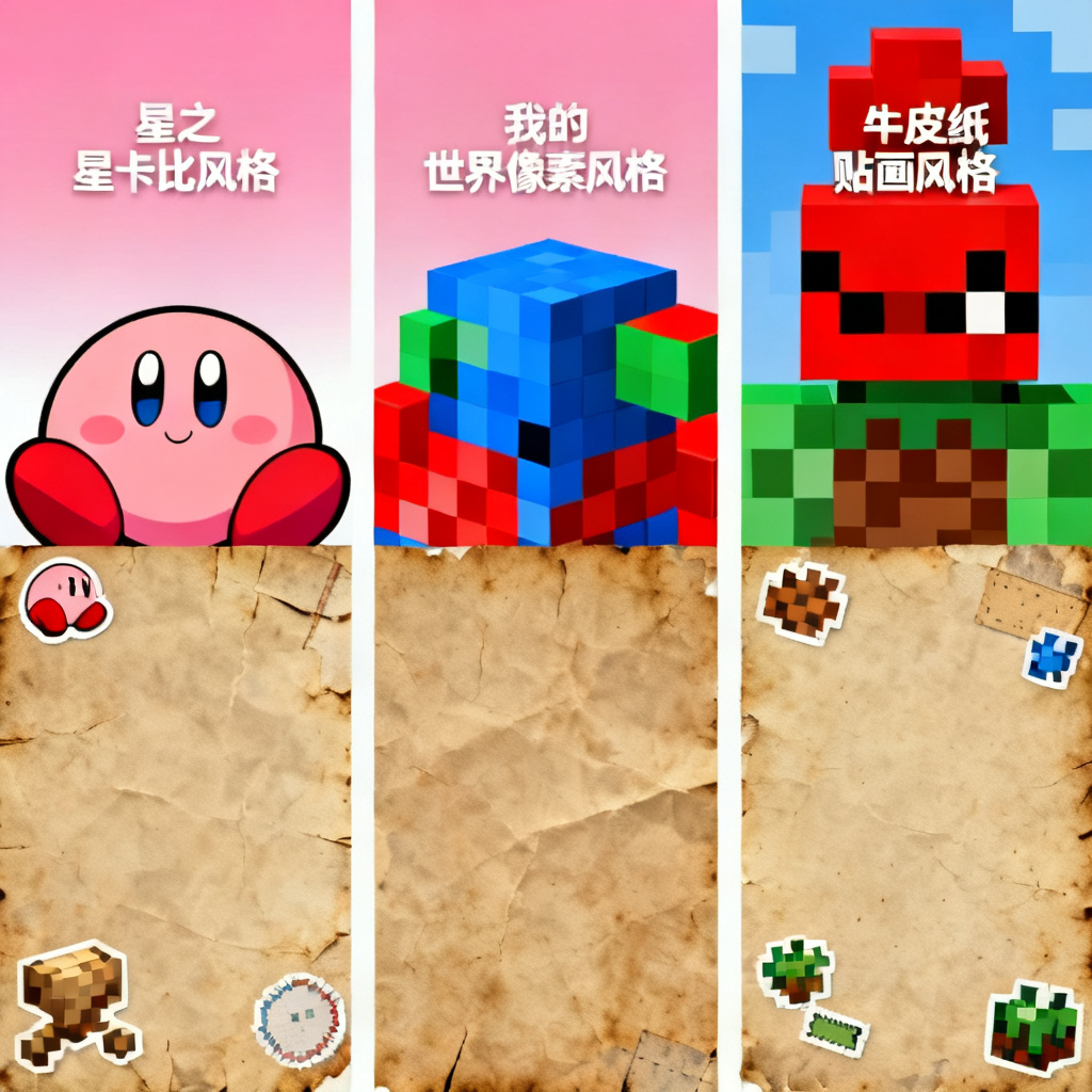批量生成PPT页面，多种风格（星之卡比风、我的世界像素风、牛皮纸贴画风）并列展示，每页可独立编辑