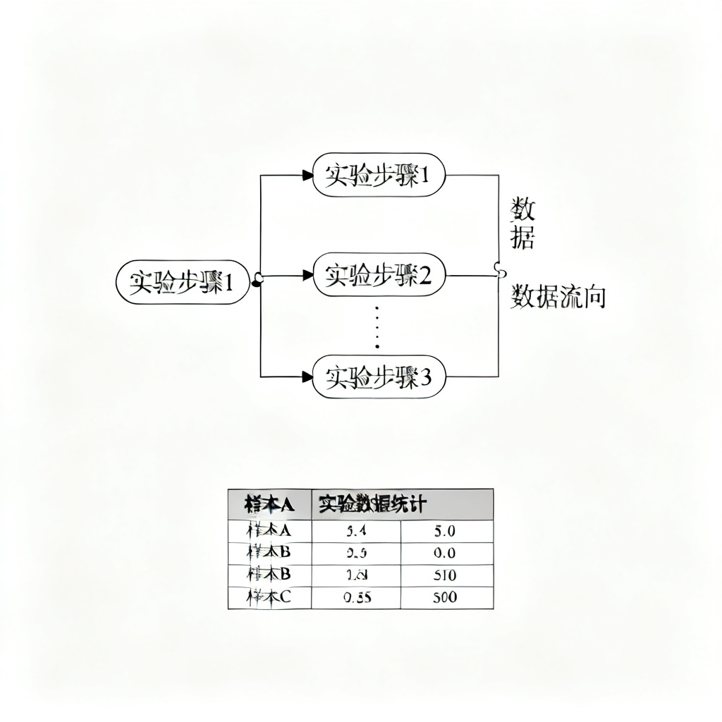 一张ChatPPT生成的学术PPT页面，包含复杂的实验流程图（多节点与连线）和数据分析表格（三线表），整体风格简洁专业，背景为白色，字体为宋体