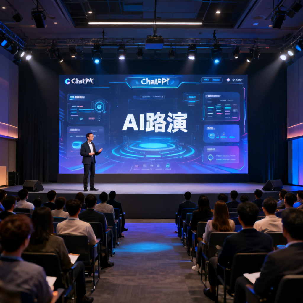 A professional presenter using ChatPPT for a roadshow, standing on stage with a large screen showing an AI路演 interface, audience members looking engaged, modern conference hall, professional lighting, photorealistic, 8K