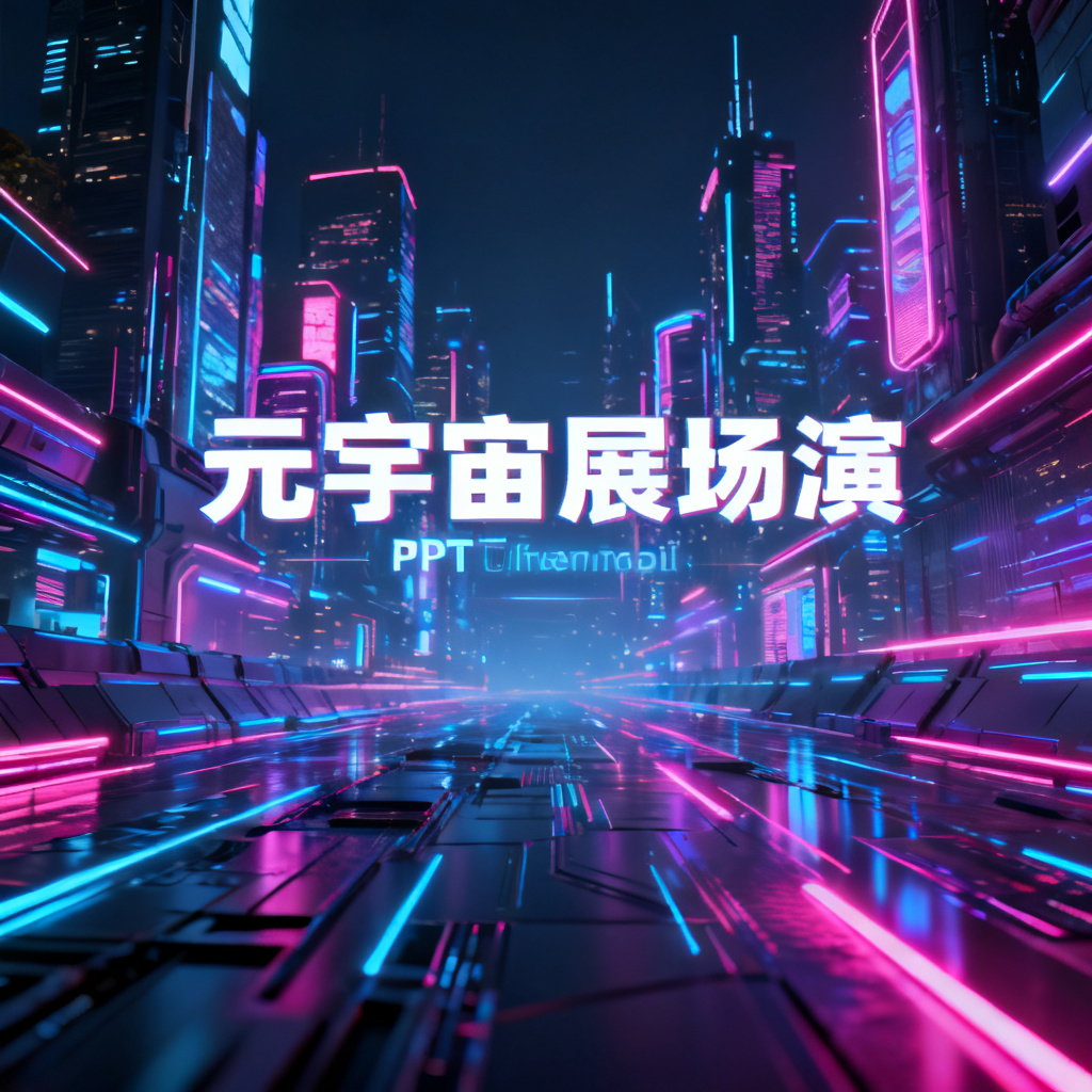 赛博朋克风格元宇宙路演PPT封面，霓虹灯光，未来城市，高对比度，3D渲染