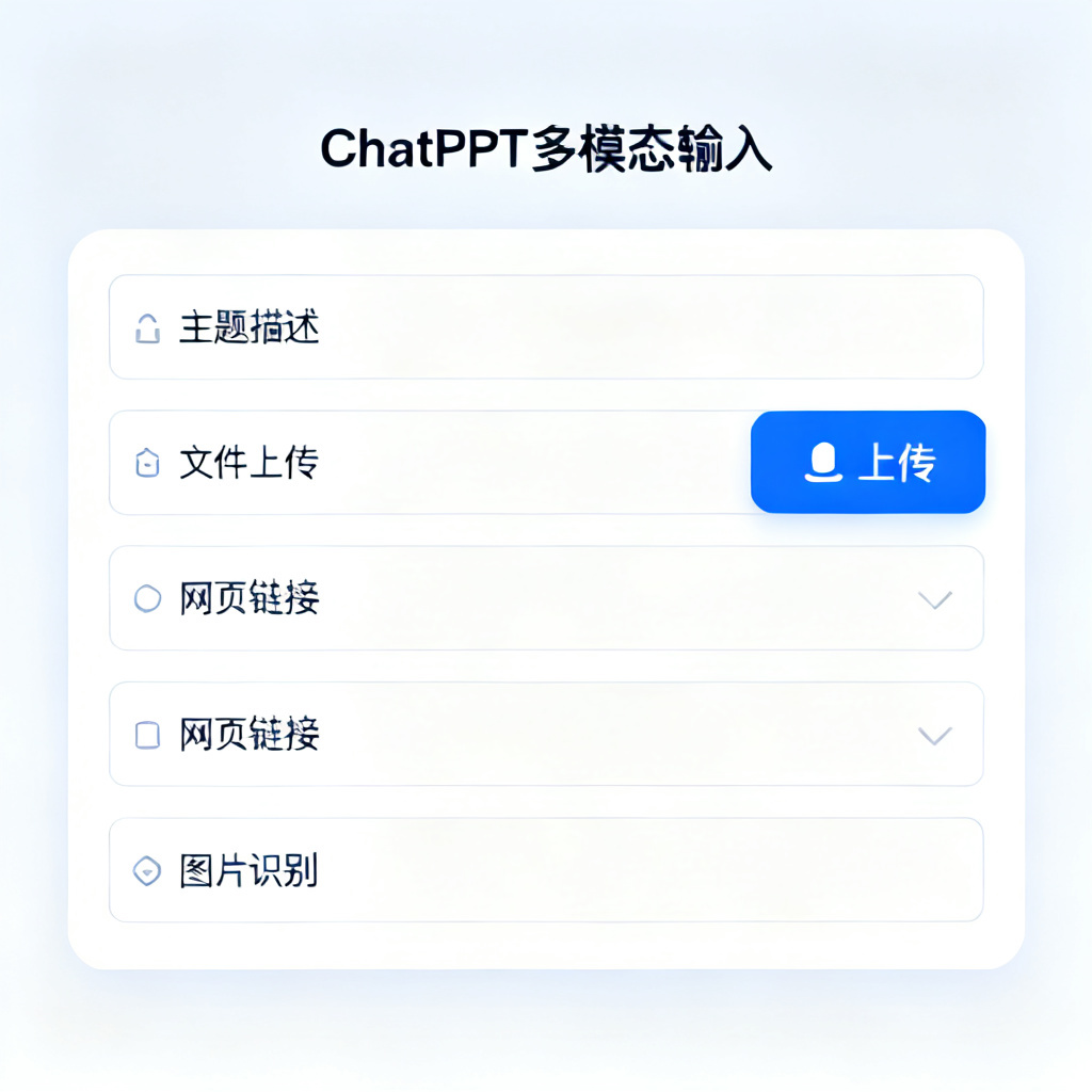 ChatPPT的多模态输入界面，显示有主题描述、文件上传、网页链接、图片识别等选项，界面简洁现代