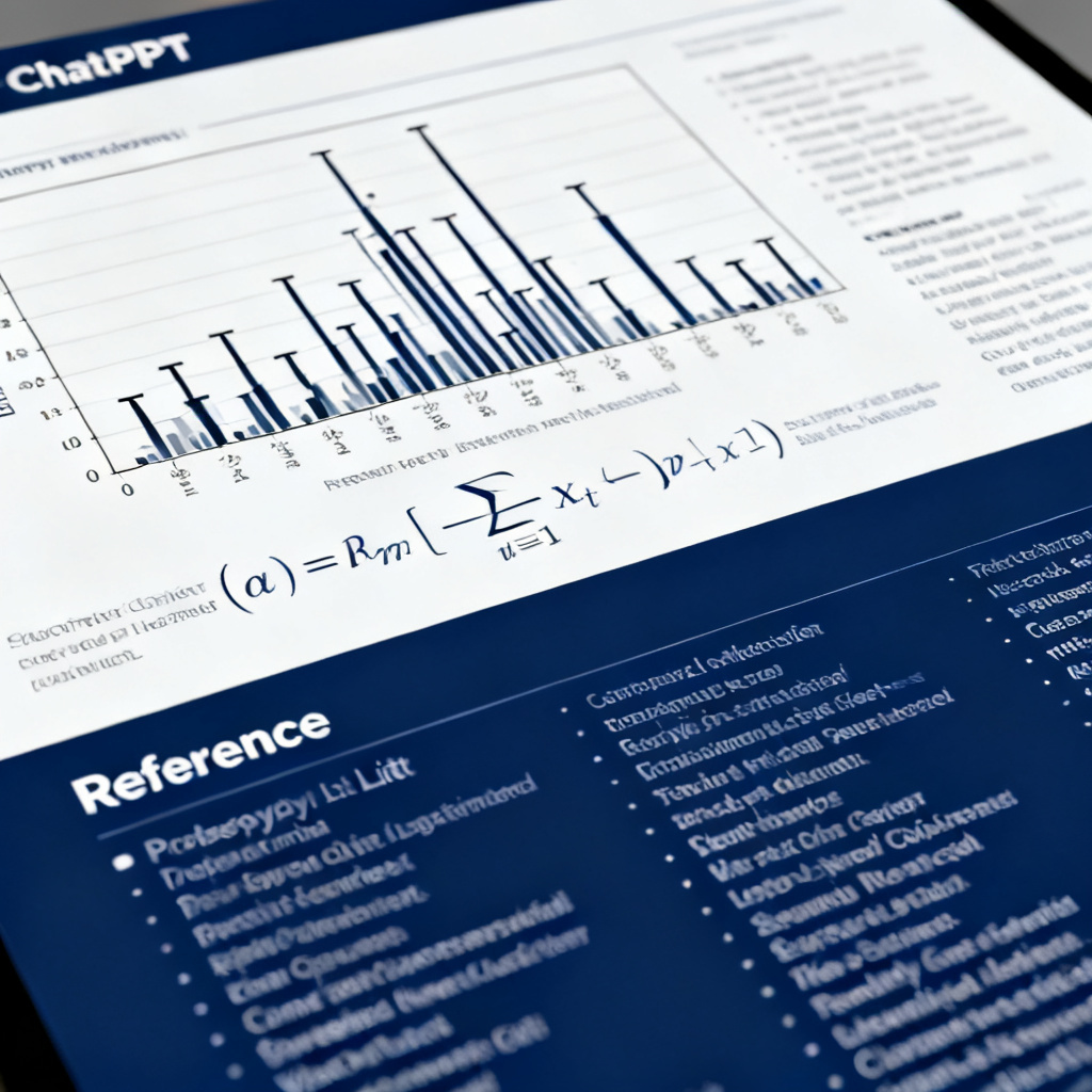 A detailed close-up of a slide generated by ChatPPT showing a complex experimental data chart with error bars, a mathematical formula rendered in high resolution, and a properly formatted reference list at the bottom. The slide uses a dark blue and white color scheme, with clean fonts and strict alignment.