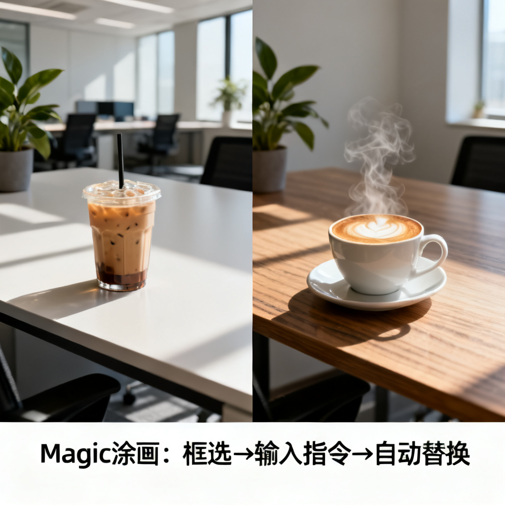 Magic涂画模式局部重绘示例,左侧为原始页面:一张办公桌上的冰奶茶,右侧为替换后的页面:同一张桌子上的一杯热气腾腾的拿铁咖啡,背景为极简主义办公室,光影角度、桌面纹理与植物装饰完全一致,仅饮品部分被精准替换,图片下方标注“Magic涂画:框选→输入指令→自动替换”