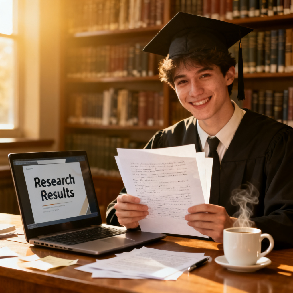 A graduate student sitting at a desk, smiling while reviewing a printed manuscript, with a laptop displaying a completed PPT, a cup of coffee steaming beside it, indicating a successful defense preparation