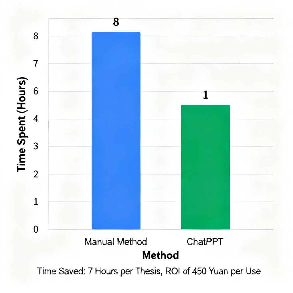 A bar chart comparing time spent on thesis PPT creation: manual method (8 hours) vs. ChatPPT (1 hour). The chart uses academic-style colors (blue for manual, green for ChatPPT) with clear labels. Below the chart, a caption reads "Time Saved: 7 Hours per Thesis, ROI of 450 Yuan per Use."