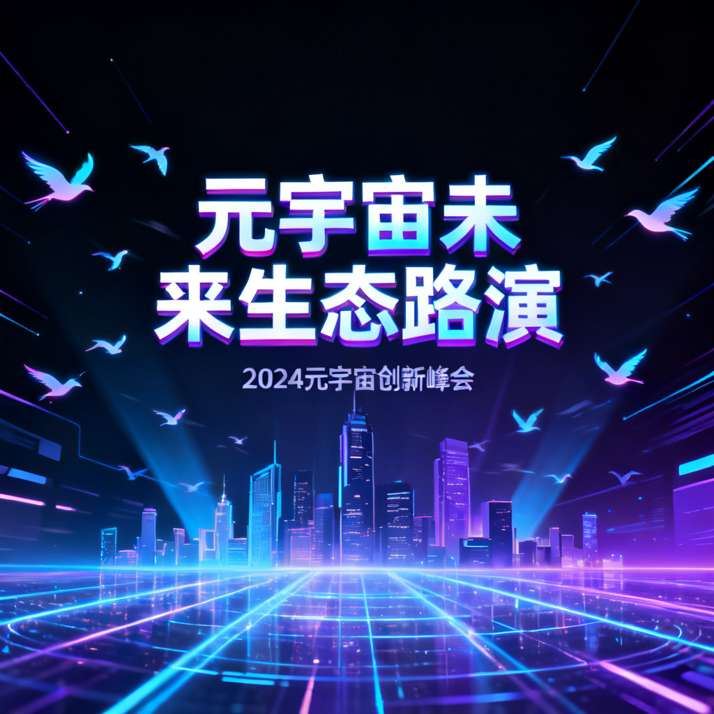 赛博朋克风格元宇宙路演PPT封面，主色调为霓虹蓝紫与暗黑背景，包含全息投影的城市天际线与数字飞鸟，字体为发光无衬线体，整体呈现未来科技感与动态光影效果