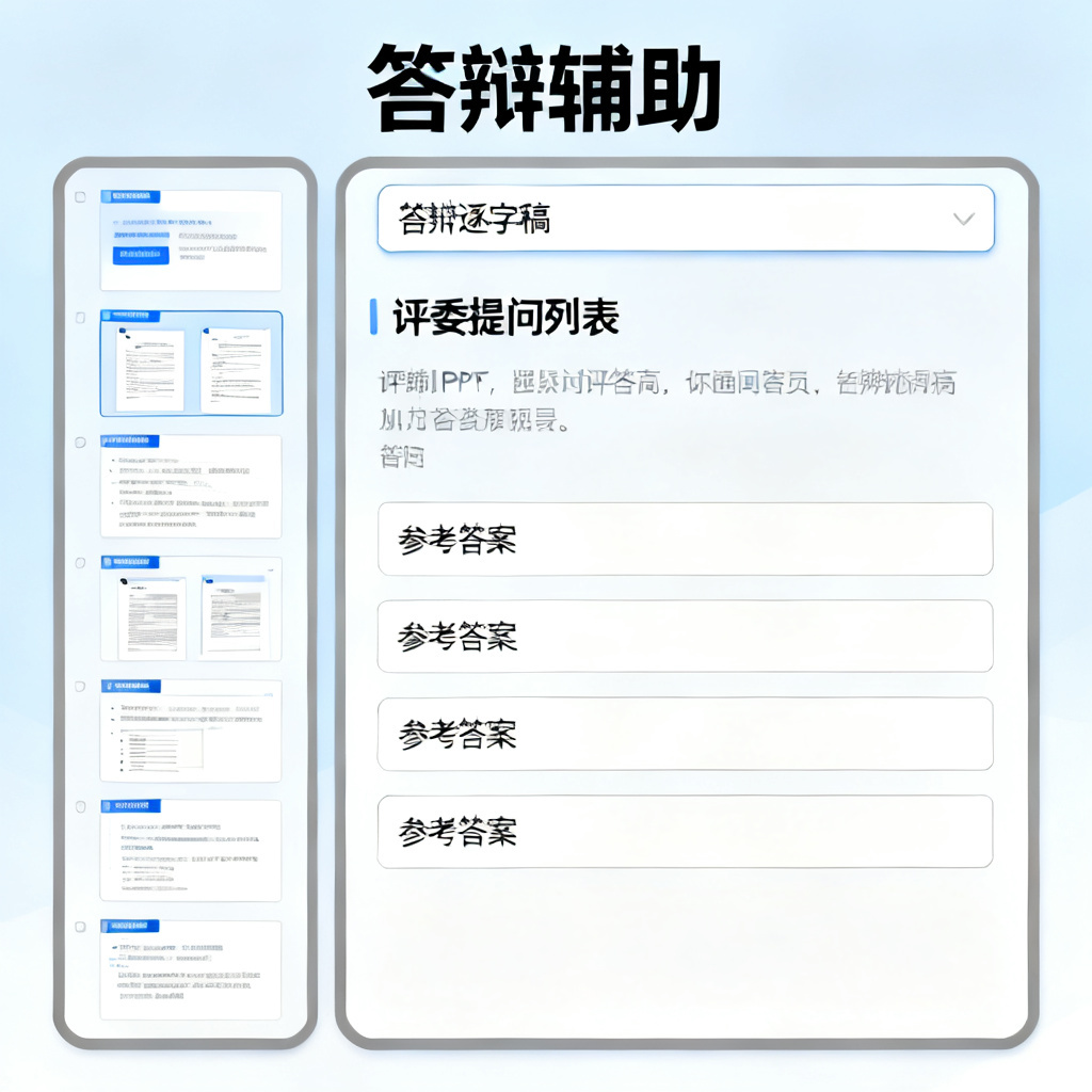 ChatPPT界面,左侧是PPT页面缩略图,右侧是生成的答辩逐字稿和评委提问列表,提问下方有参考答案,界面清晰,突出“答辩辅助”功能
