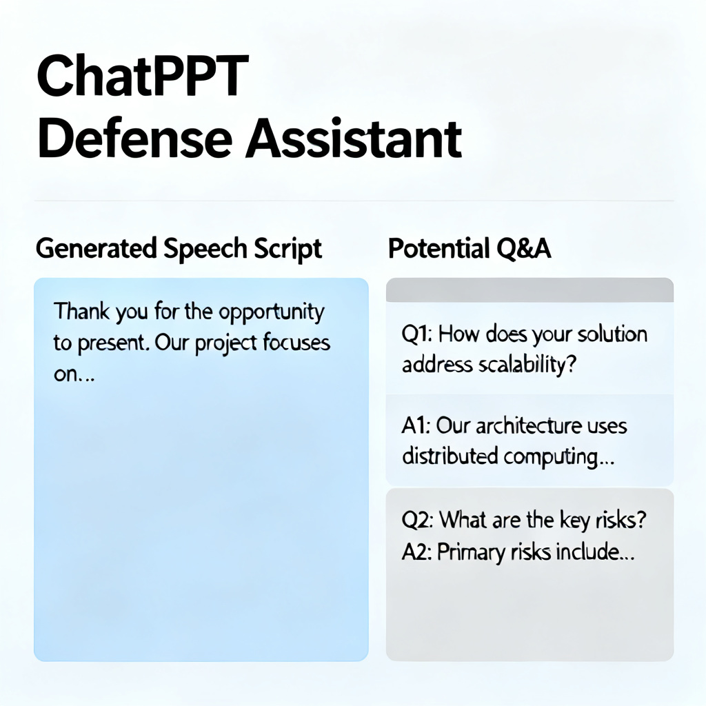 ChatPPT's 'Defense Assistant' module showing a generated speech script and a list of potential Q&A items with suggested answers
