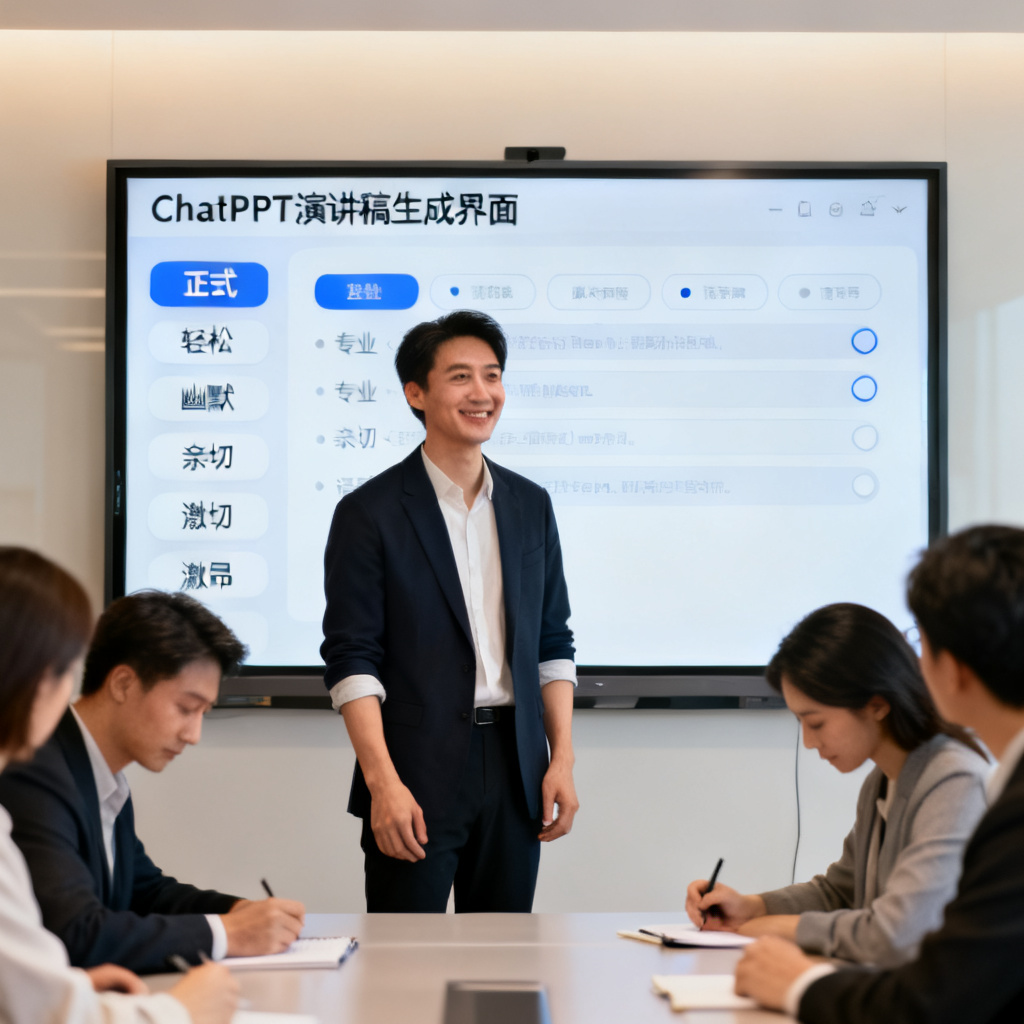一位职场人站在会议室屏幕前,屏幕上显示ChatPPT的演讲稿生成界面,界面中有多种表达类型和语气风格选项,人物表情自信,背景有同事在听讲