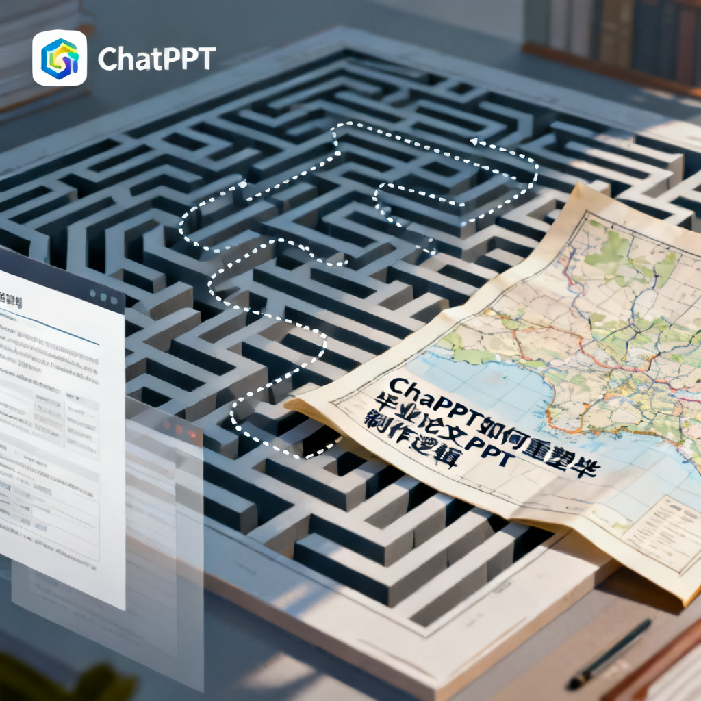 学术迷宫中的精准地图:ChatPPT如何重塑毕业论文PPT制作逻辑,文章配图,构图简洁,高清质感