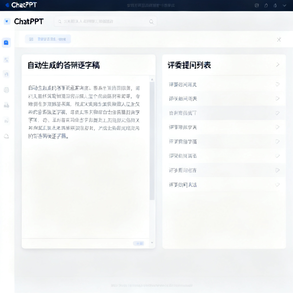 ChatPPT界面显示自动生成的答辩逐字稿和评委提问列表，风格专业