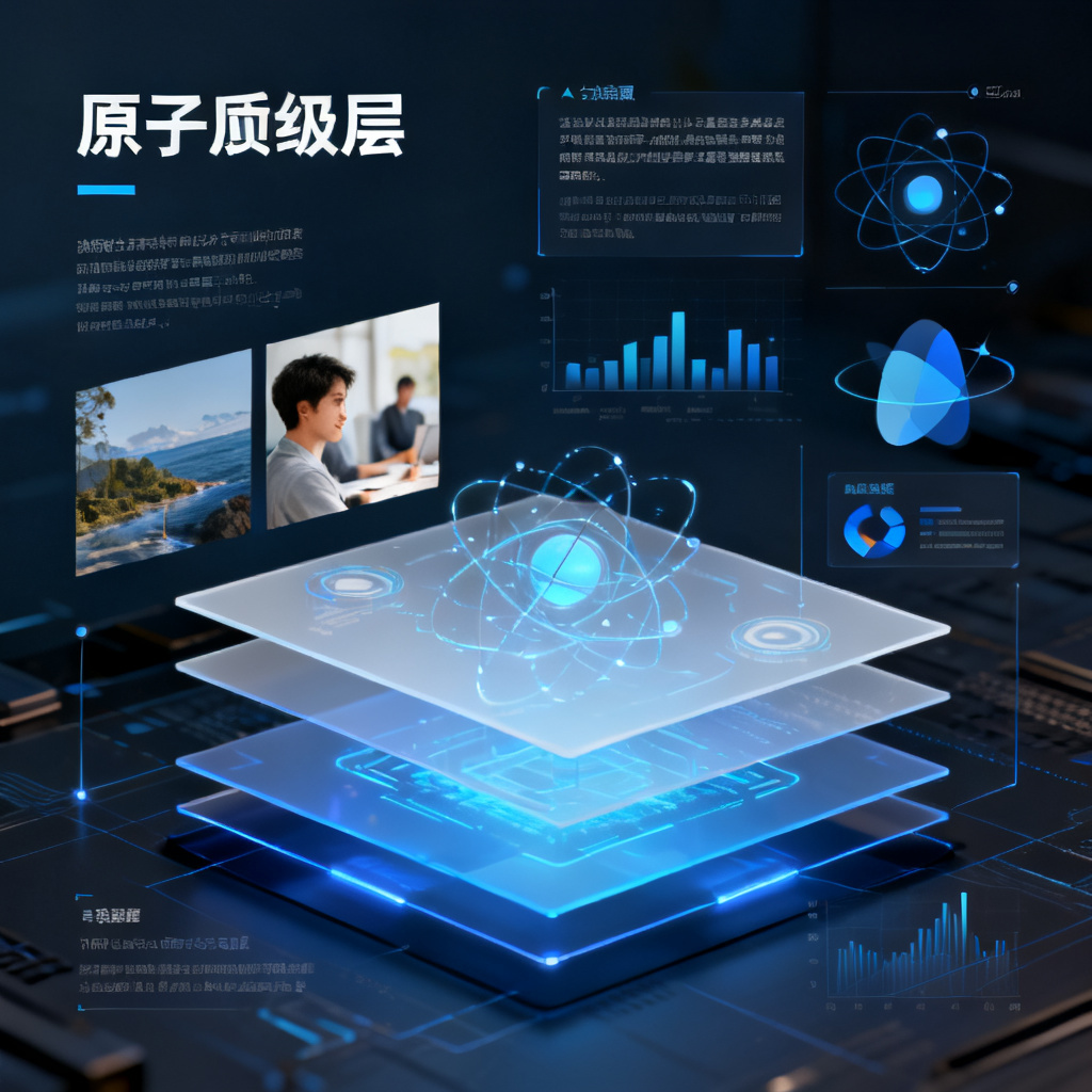 原子级图层分离示意图，文字、图片、图形独立图层，可编辑状态，高清技术可视化