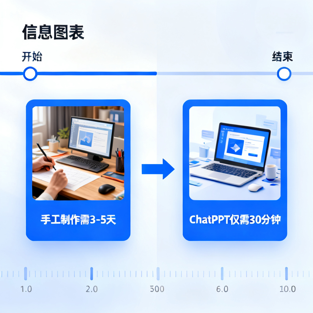 一张科研人员使用ChatPPT后节省时间的示意图，左侧显示手工制作需3-5天，右侧显示ChatPPT仅需30分钟，中间有箭头连接，背景为时间轴