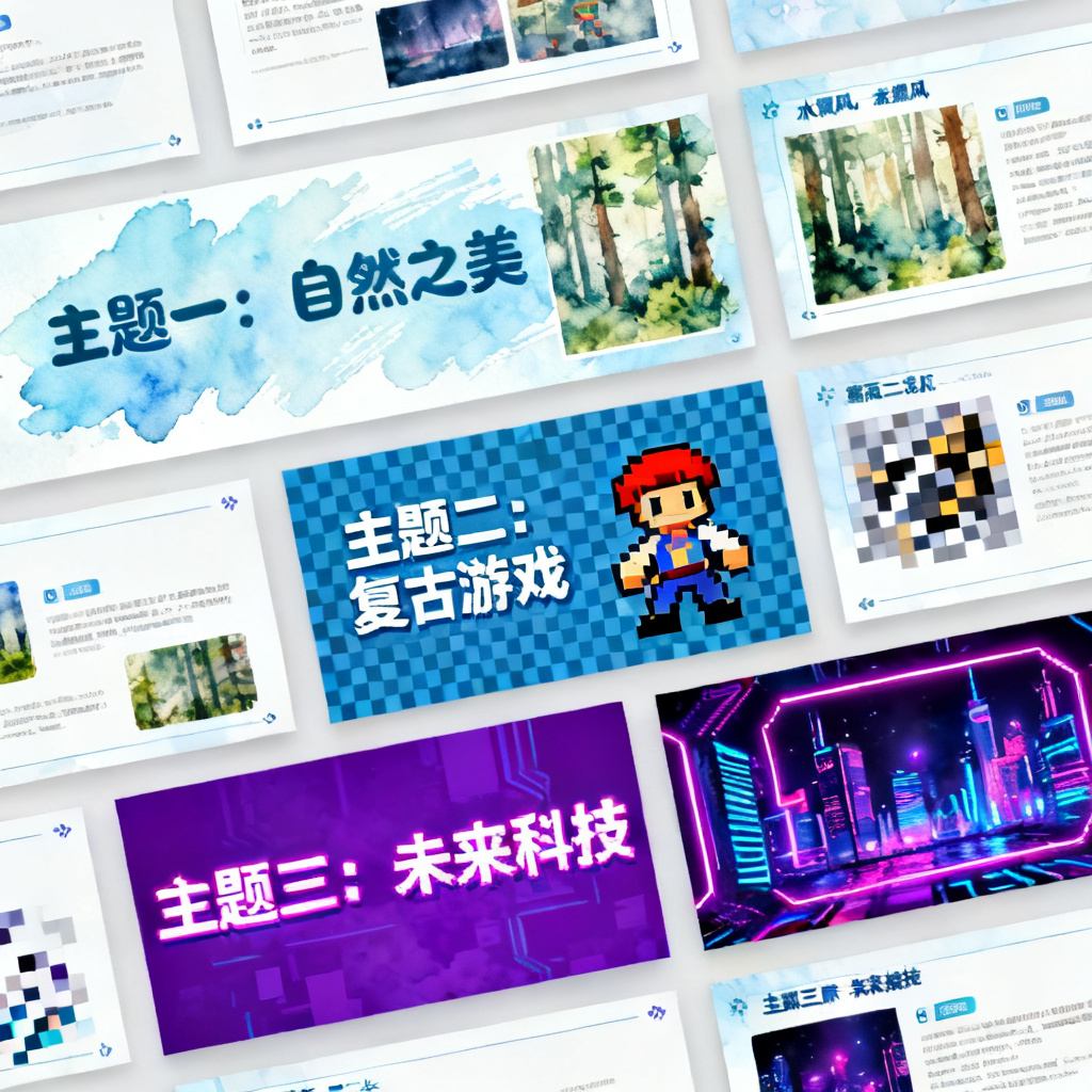 批量生成PPT页面，显示多页风格统一的演示文稿，包括水彩风、像素风、赛博朋克风，每页文字图片独立可编辑