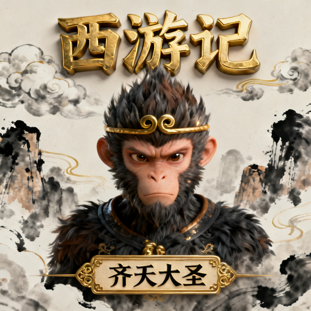 3D西游记风格的演示幻灯片，孙悟空形象，水墨背景，立体文字，金色装饰