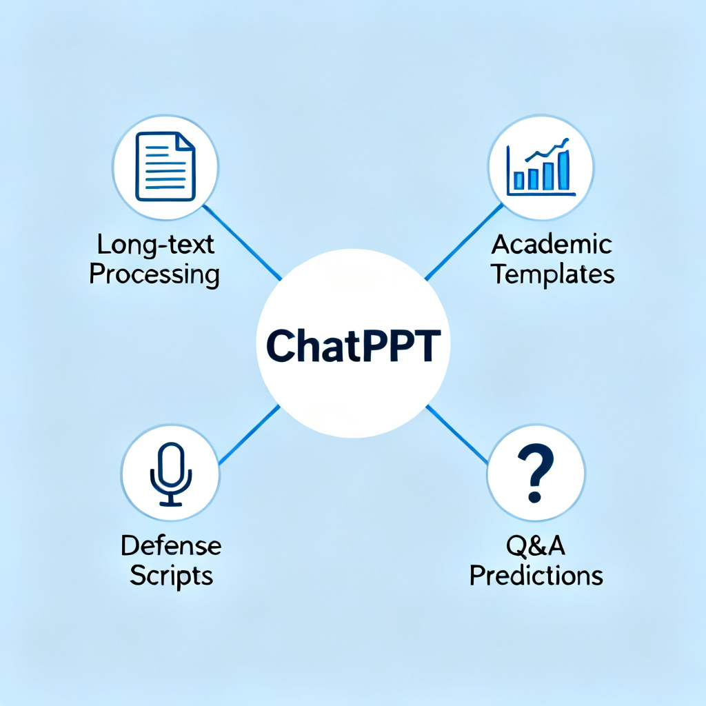 An academic ecosystem diagram showing ChatPPT at the center, connected to four nodes: "Long-text Processing," "Academic Templates," "Defense Scripts," and "Q&A Predictions." Each node has icons (e.g., document icon, chart icon, microphone icon, question mark icon). The background uses a clean, light blue color scheme, conveying professionalism and efficiency.