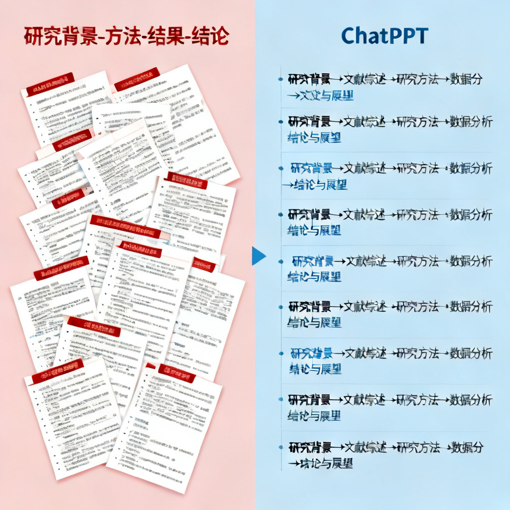 一张对比图，左侧是普通AI工具生成的逻辑混乱的论文PPT大纲，右侧是ChatPPT生成的清晰学术逻辑大纲