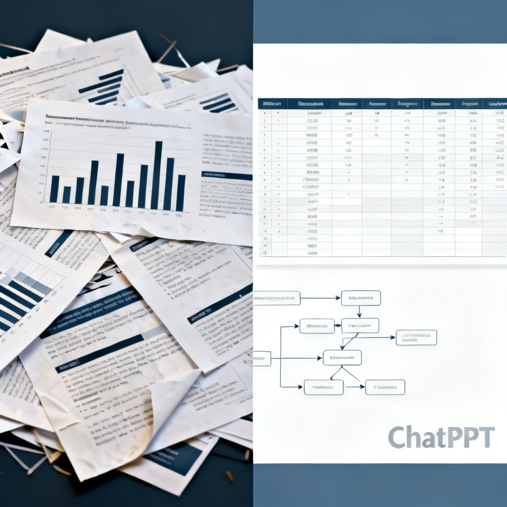 A split-screen comparison: left side shows a messy, cluttered slide with misaligned charts; right side shows a clean, professional academic slide with a clear data table and flow chart, with a subtle 'ChatPPT' watermark.