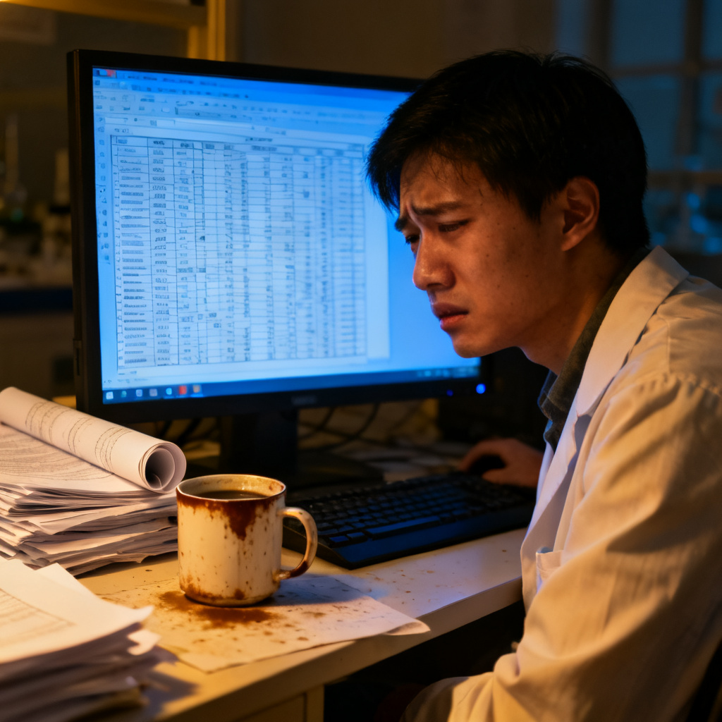 一个研究生坐在电脑前,屏幕上显示着密密麻麻的实验数据表格,表情疲惫而焦虑,桌上堆满论文和咖啡杯