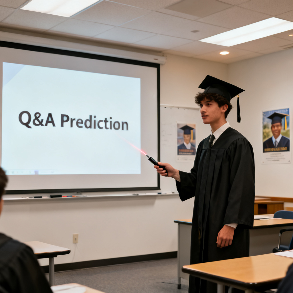 A student confidently presenting a PPT in a graduation defense room, with a slide showing a Q&A prediction