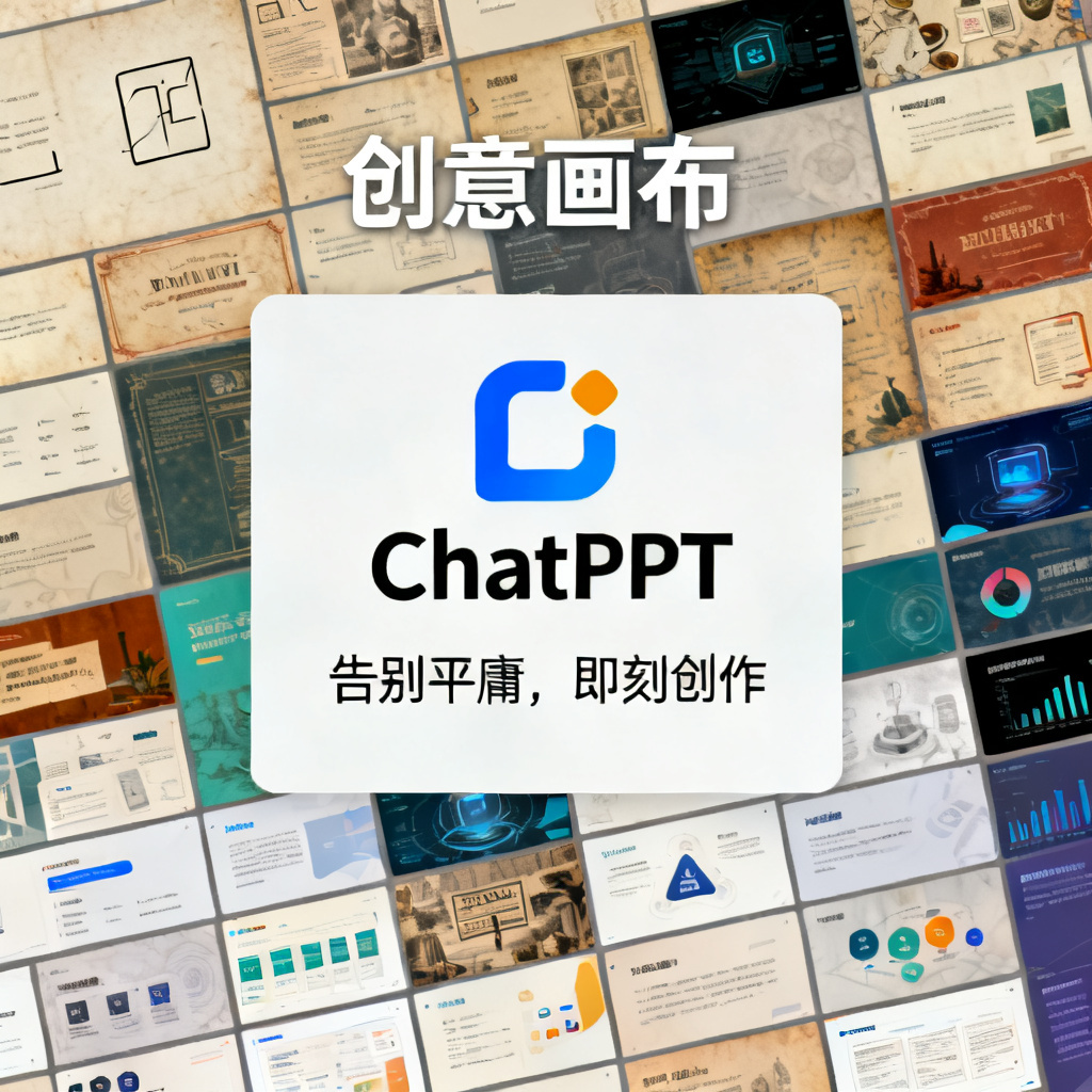 最终结论页，标题“创意画布”，背景是多种风格PPT页面的拼贴，中央显示ChatPPT logo，文字“告别平庸，即刻创作”