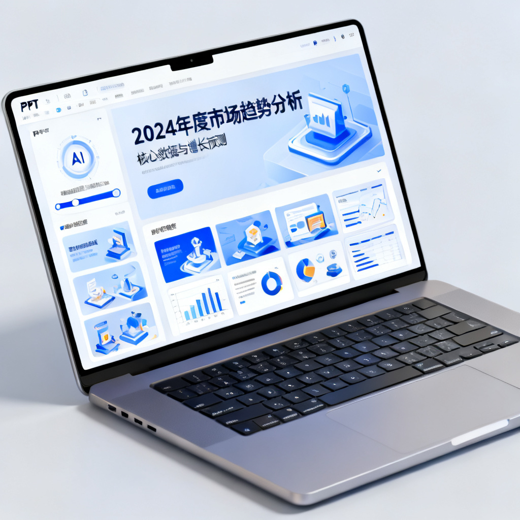 一台现代笔记本电脑屏幕上，PPT软件界面上半部分是商业文案，下半部分自动生成多张风格一致的插图、图表和图标候选项，画面体现AI匹配内容的智能过程