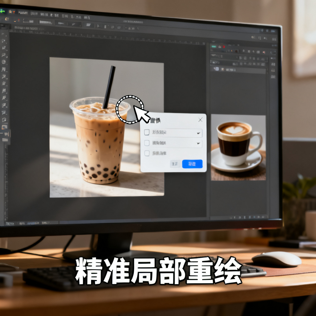 电脑屏幕上的PPT编辑界面，光标圈选了一杯奶茶，旁边弹出替换菜单，画面另一侧显示替换后的咖啡杯，光影风格完美融合，体现“精准局部重绘”