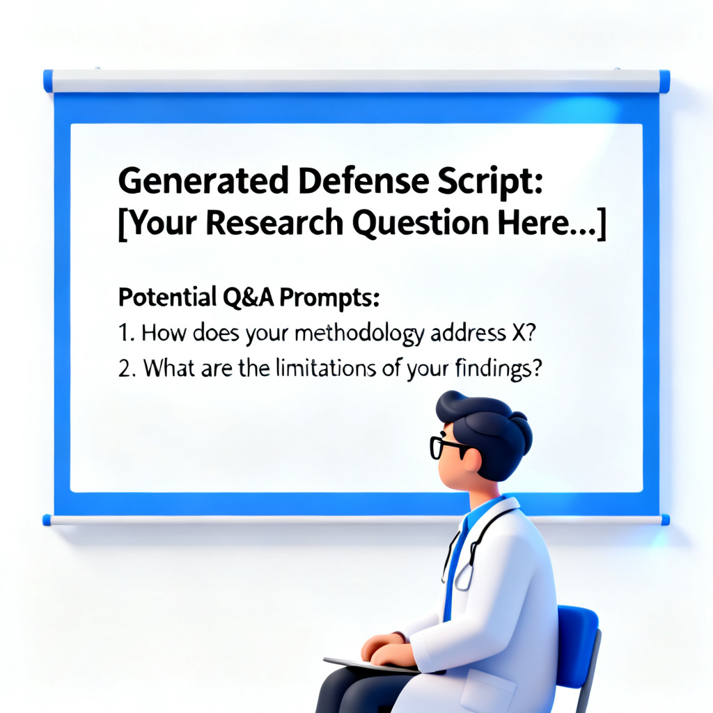 A mockup of ChatPPT's defense assistant feature, displaying a slide with generated script and potential Q&A prompts, with a focused researcher avatar.