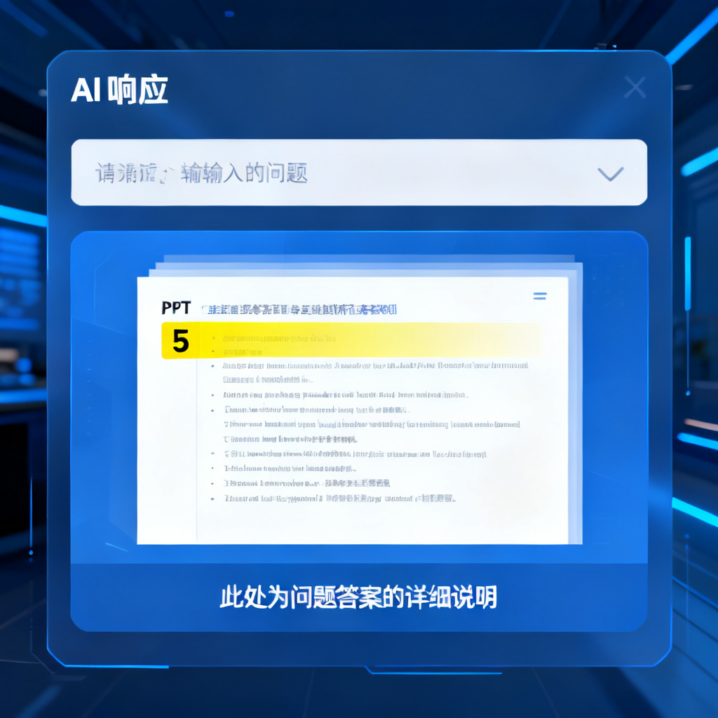 一个AI答疑界面，用户输入问题后，AI在PPT中高亮标出答案所在的页码，并显示文字解释