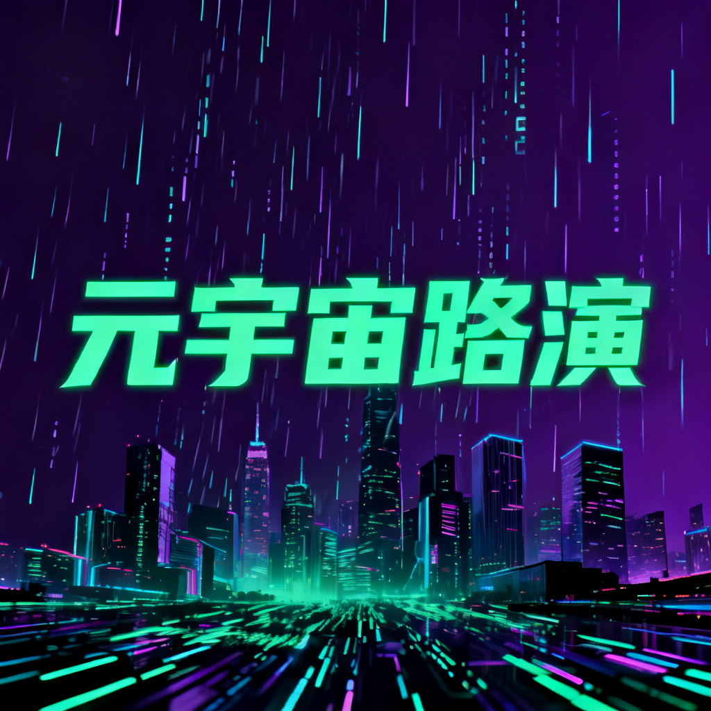 赛博朋克风格元宇宙路演PPT封面，深紫色背景，霓虹绿色字体，城市天际线在数字雨中被扭曲，风格融合了黑客帝国与银翼杀手的美学