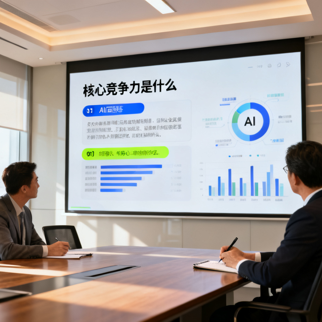 大屏上显示观众提问“核心竞争力是什么”，AI回答并高亮出对应PPT页码，旁边投资人在记录，数据可视化，简洁现代，明亮会议室，摄影写实