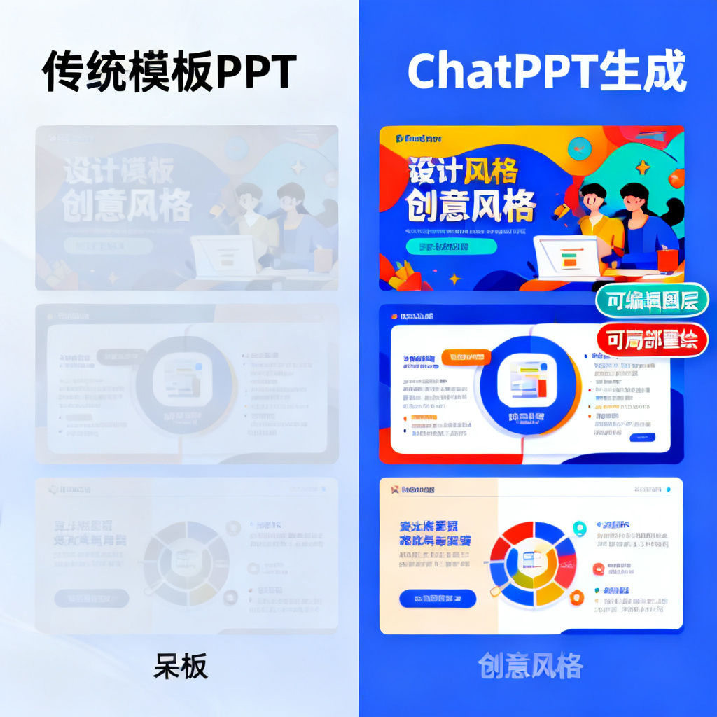 一张对比图，左侧为传统模板PPT的呆板页面，右侧为ChatPPT生成的创意风格页面，右侧页面标注了“可编辑图层”和“可局部重绘”的标记，突出其灵活性与可编辑性