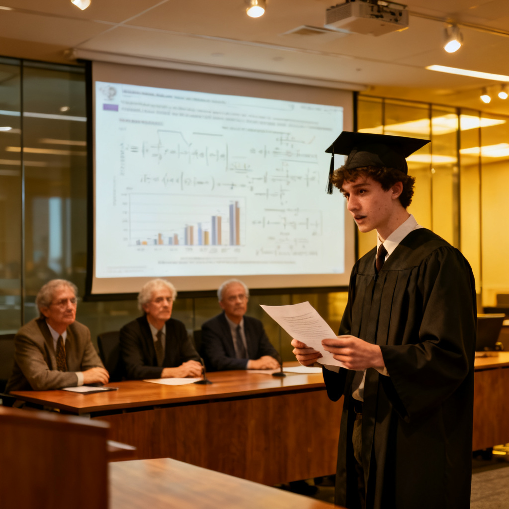 A nervous but determined graduate student standing in front of a panel of three professors in a modern conference room, holding a printed speech script, with a large projection screen displaying a complex academic slide behind them, realistic style, cinematic lighting