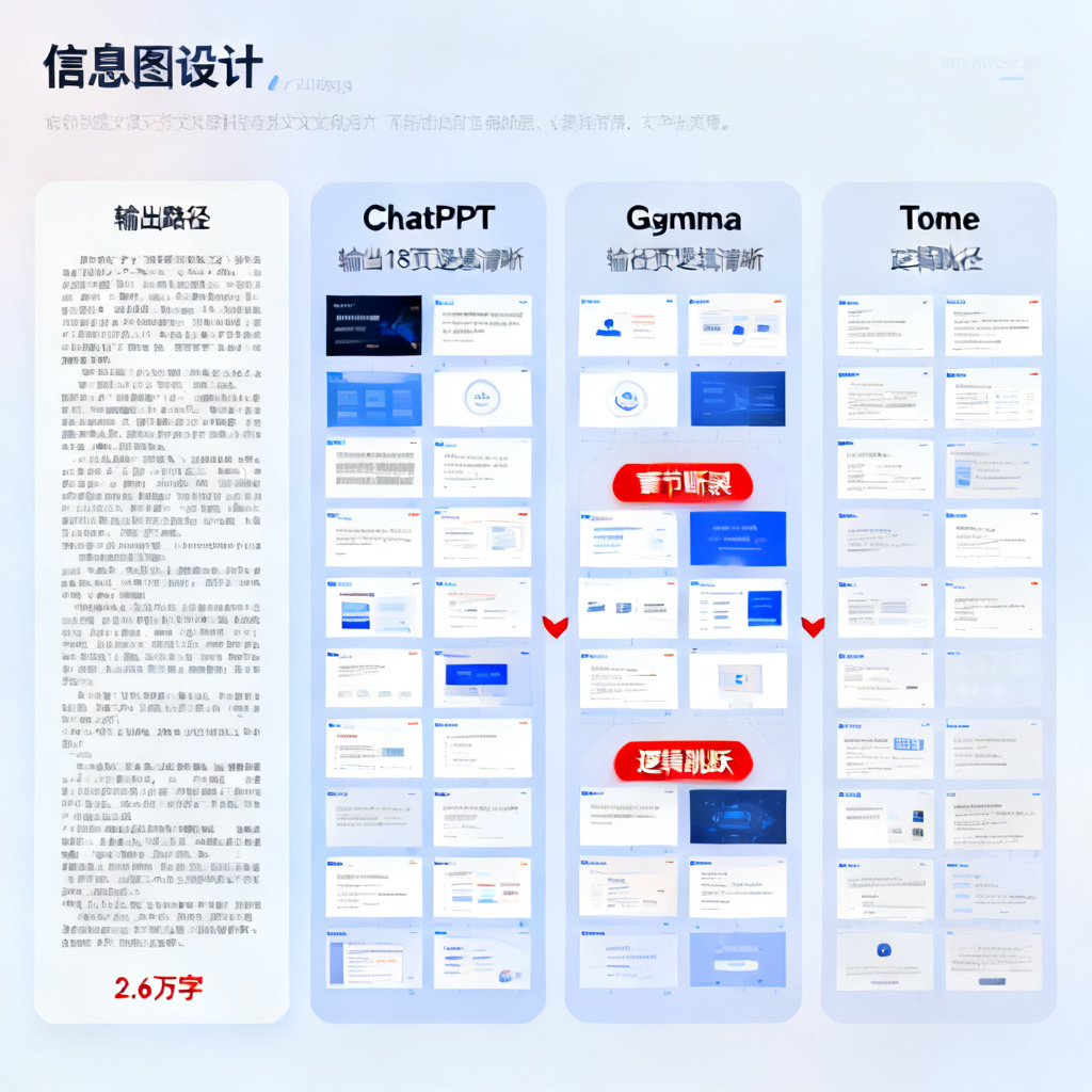 一张信息图，左侧是长篇论文文本（标注2.6万字），中部为三个并行的输出路径，ChatPPT路径输出18页逻辑清晰的幻灯片缩略图序列，Gamma和Tome路径分别标出“章节断裂”与“逻辑跳跃”的红色警示。